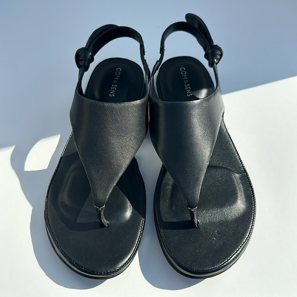 Com + Sens Sofia Black Leather Sandals Women Size6 1/2M Slip On Thong New in box